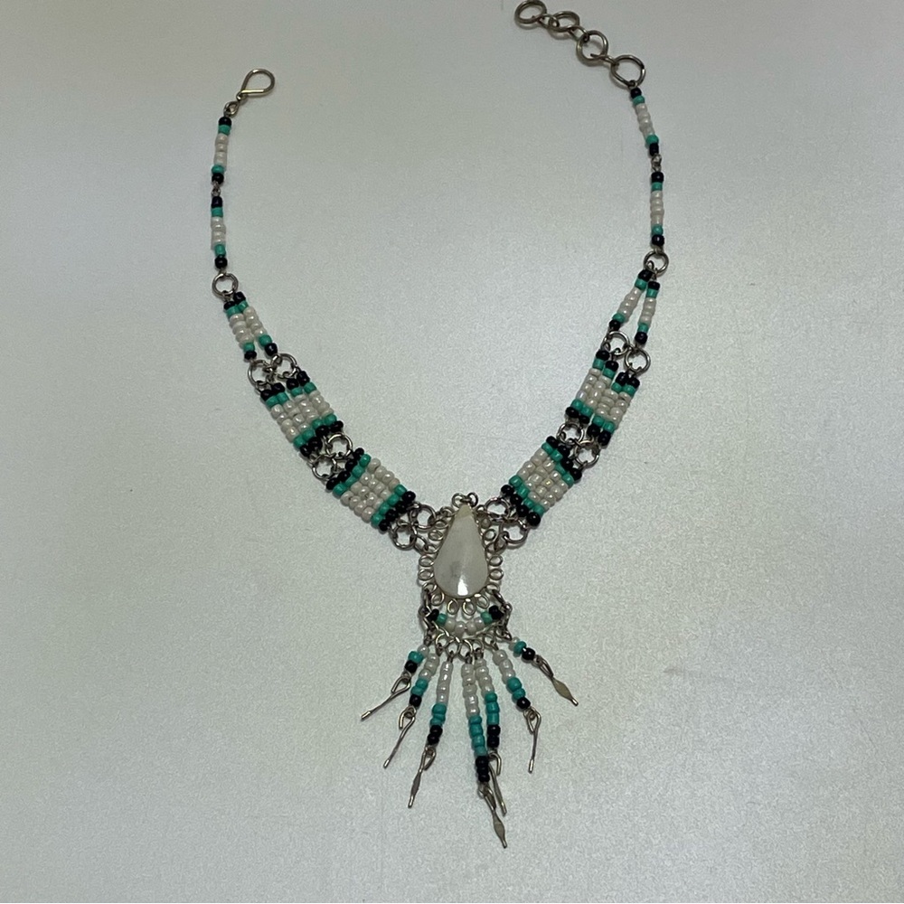 Vintage Boho Beaded Anklet – White Stone Center & Fringe, Native Style, Tribal